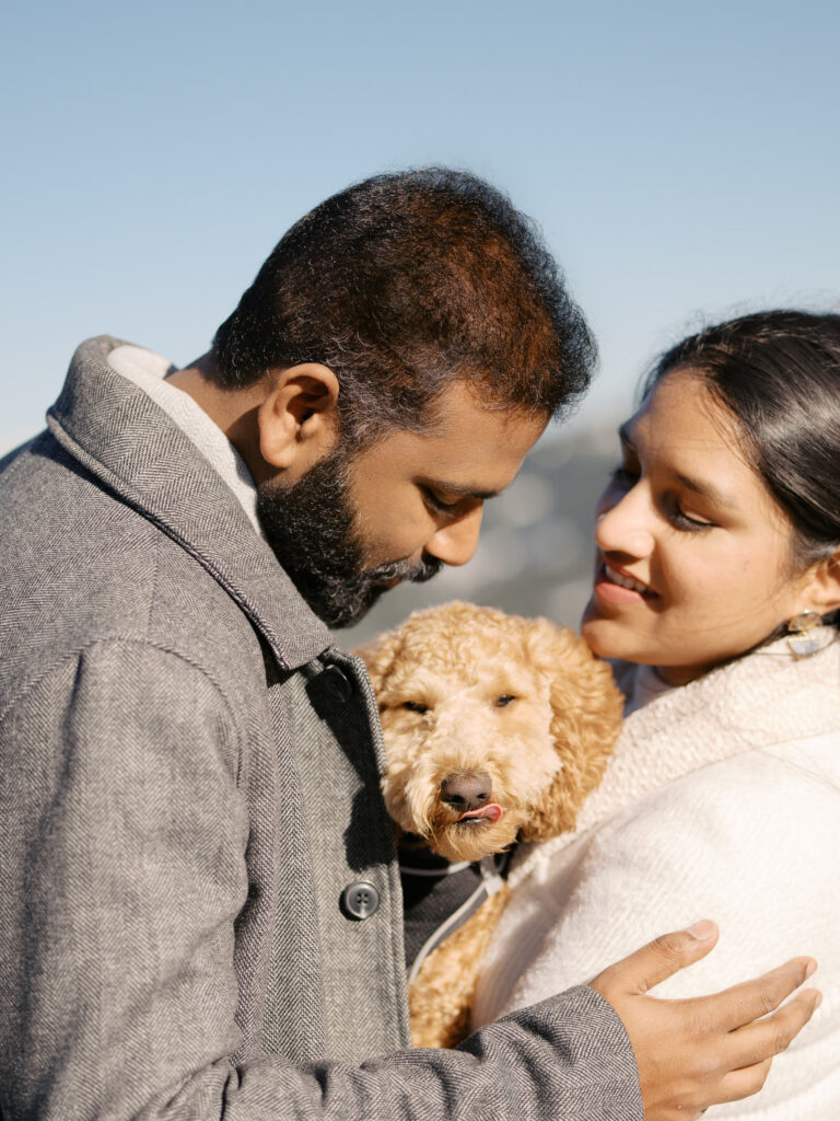 Close up of couple holding their dog
