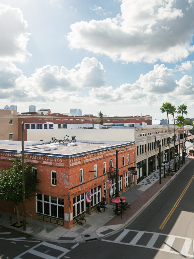 Aerial view of Ybor City streets and brick buildings, Tampa Florida wedding venue